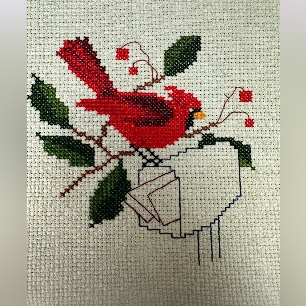 Cardinal and Mailbox Counted Cross Stitch Hand Completed Needlework panel VTG